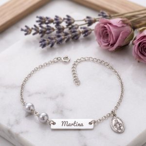 Pulsera de Plata Personalizada con Perlas y Medalla de la Milagrosa - Imagen 1